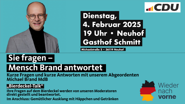 Bierdeckel-Talk mit Mensch Brand Bierdeckeltalk mit Michael Brand am 4.2.2025 um 19:00 Uhr im Gasthof Schmitt, Neuhof